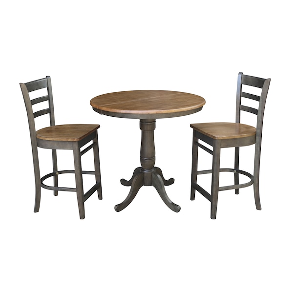 International Concepts Round 36 in Rd Extension Dining Table, 2 RTA Counter Ht Stools, Hickory/Coal, 36 W, 48 L, 35.3 in H K45-36RXT-6B-S6172-2 - main